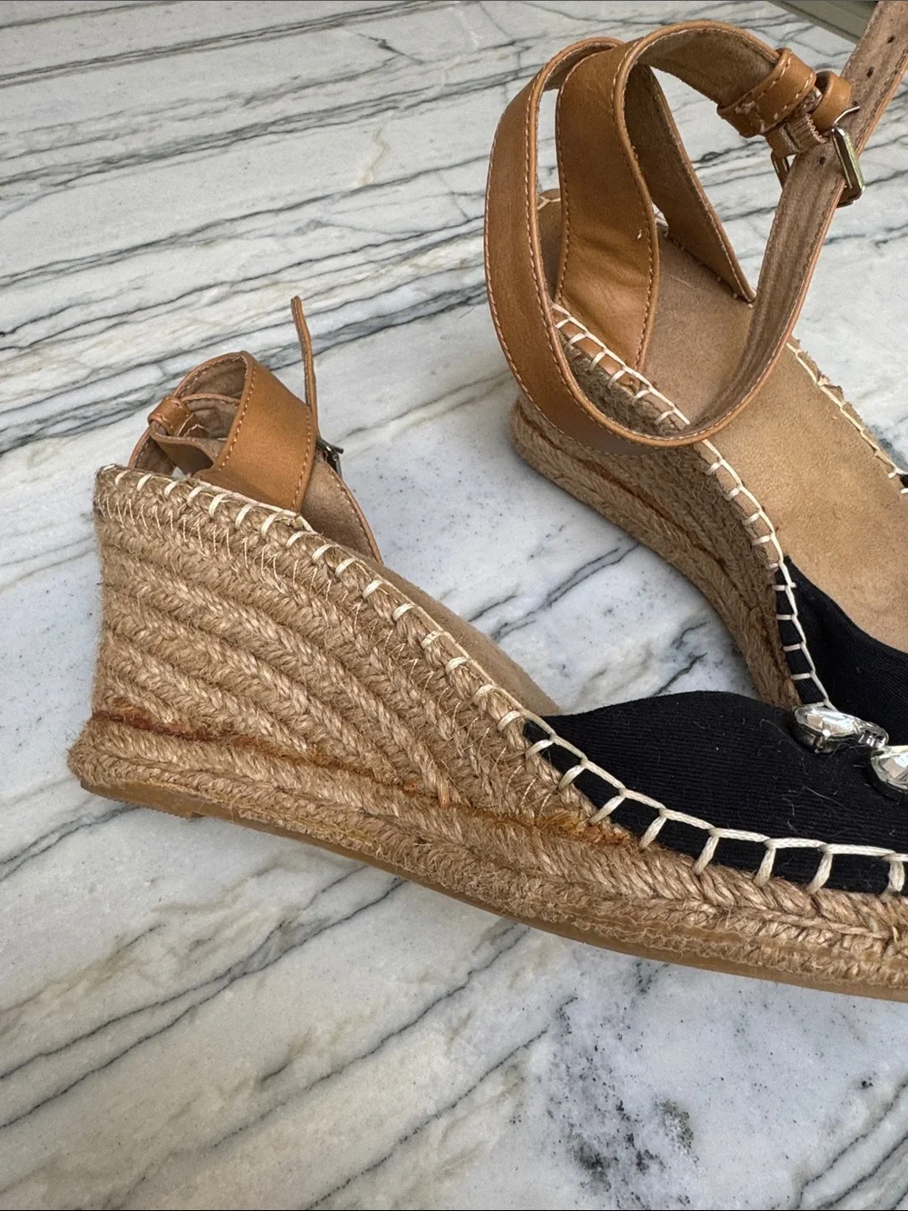 White Mountain Black Rhinestone Espadrille Wedge Sandal with Tan Ankle Strap - Picture 2 of 6